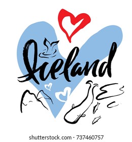 Set with iconic symbols in calligraphic style of the Iceland, filardi, whales. Calligraphy Iceland, vector.