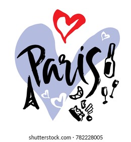 Set with iconic symbols in calligraphic style of the Paris, Eiffel tower, croissant, wine, glasses, cheese. Calligraphy Paris, vector.