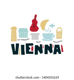 Set with iconic symbols in paper cut style of the Vienna, violin, coffee, strudel. Calligraphy Vienna, vector. Vector illustration for for branding, packaging design, postcard, poster