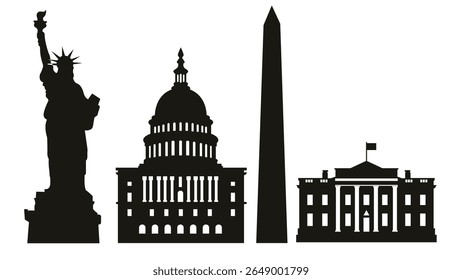 A set of iconic United States symbols in silhouette style including the Statue of Liberty, the Capitol Building, Washington Monument, and the White House. Vector illustration