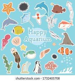 A set of iconic white border icons with different fish and mammals, seaweeds and mollusks in the aquarium.