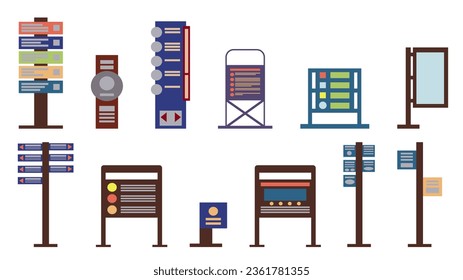 Set of icons from 12 modern information boards and pillars, elements of urban infrastructure and urban parks, illustrations in flat style