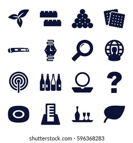set icons set. Set of 16 set filled icons such as bottle, soap, child building kit, cookies, powder, leaf, cutter, building, wine bottle and glass, user globe, signal