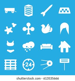 Set icons set. set of 16 set filled icons such as barrow, taxi, sofa, woman hairstyle, Clubs, gardening tool, cargo box, bird, cookie, home, defragmentation, 24 hour