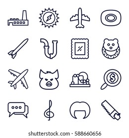set icons set. Set of 16 set outline icons such as pig, soap, baby toy, woman hairstyle, plane, pipe, saw, photo, factory, search dollar, chat, rocket bomb, treble clef