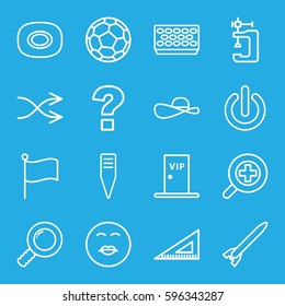set icons set. Set of 16 set outline icons such as soap, vice clamp, ruler, gardening tool, pot for plants, shuffle, zoom in, vip door, sun hat, switch off, rocket bomb