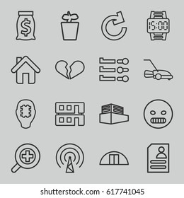 Set icons set. set of 16 set outline icons such as plant in pot, lawn mower, resume, cargo barn, documents box, zoom in, home, house builidng, signal, wrist dial watch