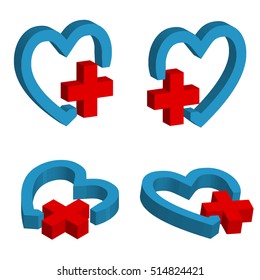 Set of icons 3D heart with red cross. Medical icons. Vector illustration.