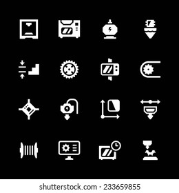 Set icons of 3D printing isolated on black. Vector illustration