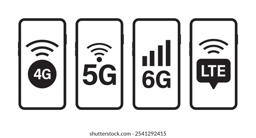 Conjunto de iconos 3G, 4G, 5G, LTE con señal wifi en pantallas de teléfonos móviles. Conexión inalámbrica. Desarrollo de redes inalámbricas. Diseño aislado en el fondo blanco. Ilustración vectorial plana