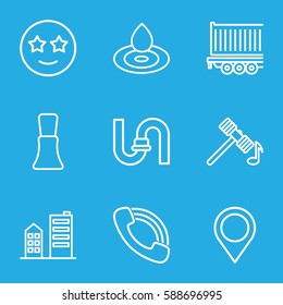 set icons set. Set of 9 set outline icons such as hammer, water drop, nail polish, pipe, cargo trailer, call, building, map location