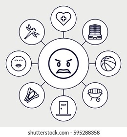 set icons set. Set of 9 set outline icons such as business center, stapler, bbq, vip door, dragonfly, basketball, angry emot, kiss emot