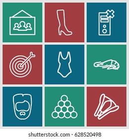 Set icons set. set of 9 set outline icons such as alligator, man hairstyle, woman boot, stapler, photo, target, no charge, swim suit