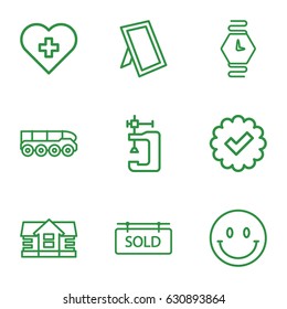 Set icons set. set of 9 set outline icons such as house, vice clamp, photo, sold tag, wrist watch, weapon truck, smiley, tick