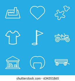 Set icons set. set of 9 set outline icons such as barrow, woman hairstyle, hearts, t-shirt, cargo barn, cookie, factory, weapon truck