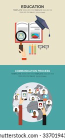 set icons about course search, presentation, online education. Friends list, hand with smartphone and map. Social network. Global communication.