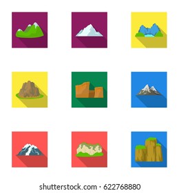 Set of icons about different mountains. Winter, summer mountains in one collection.Different mountains icon in set collection on flat style vector symbol stock illustration.