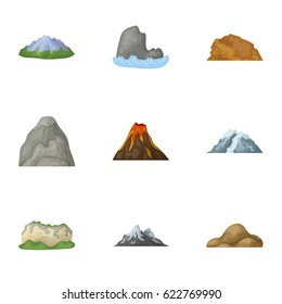 Set of icons about different mountains. Winter, summer mountains in one collection. icon in set collection on cartoon style vector symbol stock illustration.