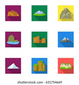 Set of icons about different mountains. Winter, summer mountains in one collection.Different mountains icon in set collection on flat style vector symbol stock illustration.