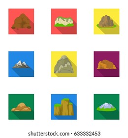 Set of icons about different mountains. Winter, summer mountains in one collection.Different mountains icon in set collection on flat style vector symbol stock illustration.