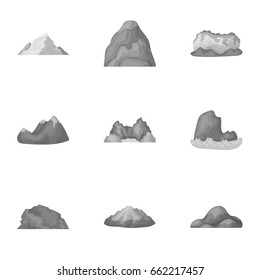Set of icons about different mountains. Winter, summer mountains in one collection.Different mountains icon in set collection on monochrome style vector symbol stock illustration.