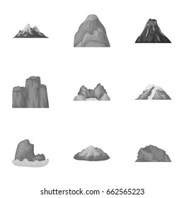 Set of icons about different mountains. Winter, summer mountains in one collection.Different mountains icon in set collection on monochrome style vector symbol stock illustration.