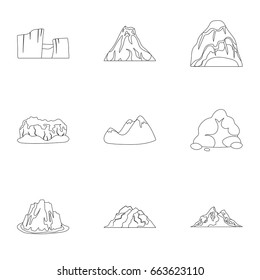 Set of icons about different mountains. Winter, summer mountains in one collection.Different mountains icon in set collection on outline style vector symbol stock illustration.