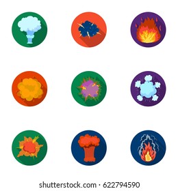 A set of icons about the explosion. Various explosions, a cloud of smoke and fire.Explosions icon in set collection on flat style vector symbol stock illustration.