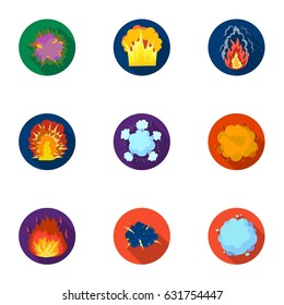 A set of icons about the explosion. Various explosions, a cloud of smoke and fire.Explosions icon in set collection on flat style vector symbol stock illustration.