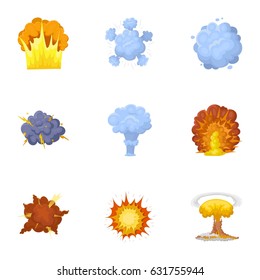 A set of icons about the explosion. Various explosions, a cloud of smoke and fire.Explosions icon in set collection on cartoon style vector symbol stock illustration.