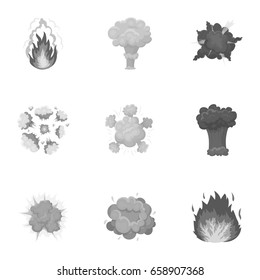 A set of icons about the explosion. Various explosions, a cloud of smoke and fire.Explosions icon in set collection on monochrome style vector symbol stock illustration.