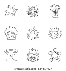 A set of icons about the explosion. Various explosions, a cloud of smoke and fire.Explosions icon in set collection on outline style vector symbol stock illustration.