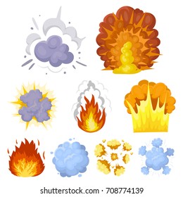 A set of icons about the explosion. Various explosions, a cloud of smoke and fire.Explosions icon in set collection on cartoon style vector symbol stock illustration.
