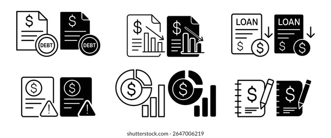 set of icons about finance, grow money, financial data, money counter, money calculator, stock rise and fall statistics data, financial question form, financial records, debt question date