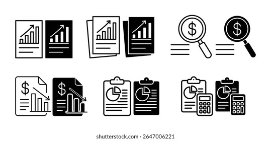 set of icons about finance, grow money, financial data, money counter, money calculator, stock rise and fall statistics data, financial question form, financial records, debt question date
