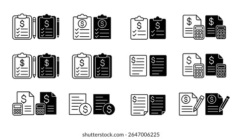 set of icons about finance, grow money, financial data, money counter, money calculator, stock rise and fall statistics data, financial question form, financial records, debt question date