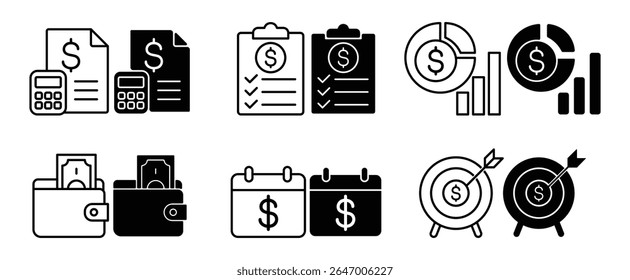 set of icons about finance, grow money, financial data, money counter, money calculator, stock rise and fall statistics data, financial question form, financial records, debt question date