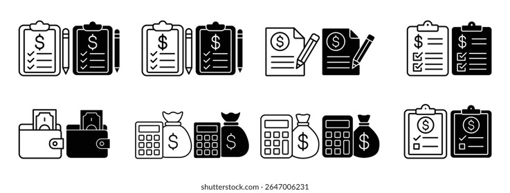 set of icons about finance, grow money, financial data, money counter, money calculator, stock rise and fall statistics data, financial question form, financial records, debt question date