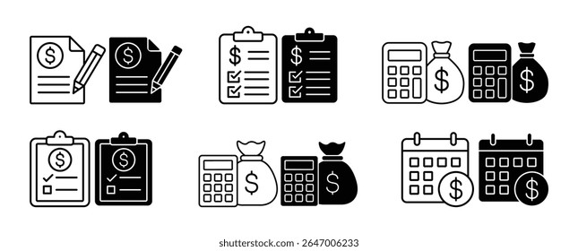 set of icons about finance, grow money, financial data, money counter, money calculator, stock rise and fall statistics data, financial question form, financial records, debt question date