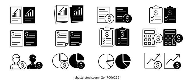 set of icons about finance, grow money, financial data, money counter, money calculator, stock rise and fall statistics data, financial question form, financial records, debt question date