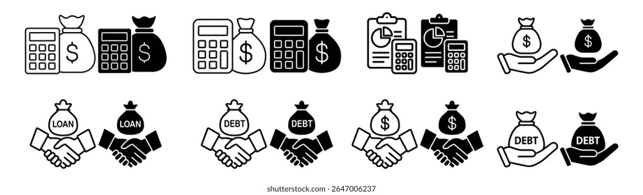 set of icons about finance, grow money, financial data, money counter, money calculator, stock rise and fall statistics data, financial question form, financial records, debt question date