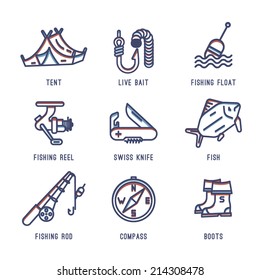 Set of icons about fishing.Fish, fishing rod, hook, compass,Swiss army knife, float fishing, tent, boots, reel fishing, the worm,bait.