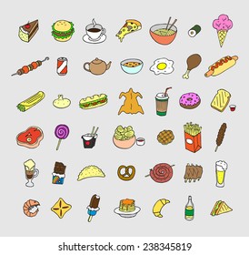 Set of icons about food and drink. Doodle. Sketch. 