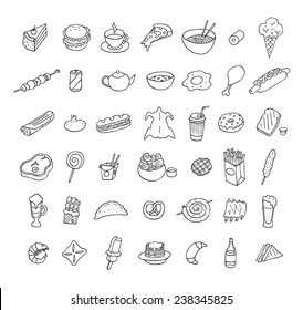 Set of icons about food and drink. Doodle. Sketch. 