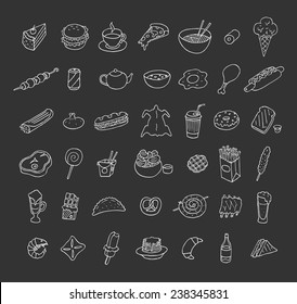 Set of icons about food and drink. Doodle. Sketch. 