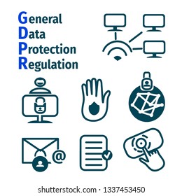 Set of icons about GDPR - General Data Protection Regulation. Personsl data. Schematic image. A man sits at the computer and rejoices. Lock on the computer. Lines icon. Black and white vector.