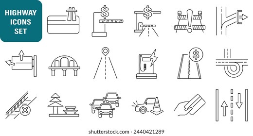 set of icons about highways, including: e money, highway gates, traffic jams, and others