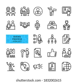 Conjunto de iconos sobre el proceso de contratación. Incluir Iconos De Contorno Recursos Humanos, Amortización, Capacitación, Gestión Empresarial. Ilustración vectorial.