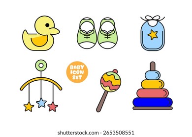 A set of icons about items such as baby care and toys, such as baby shoes, duck dolls, baby bibs, and some baby toys