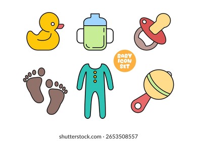 A set of icons about items such as baby care and toys, such as duck toys, baby long clothes, pacifiers, baby cups and baby footprints